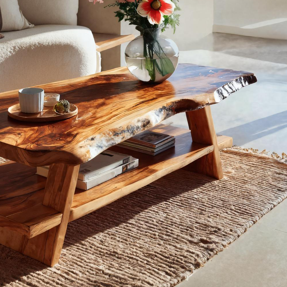 Handcrafted Coffee Table Live Edge And Lower Shelf For Living