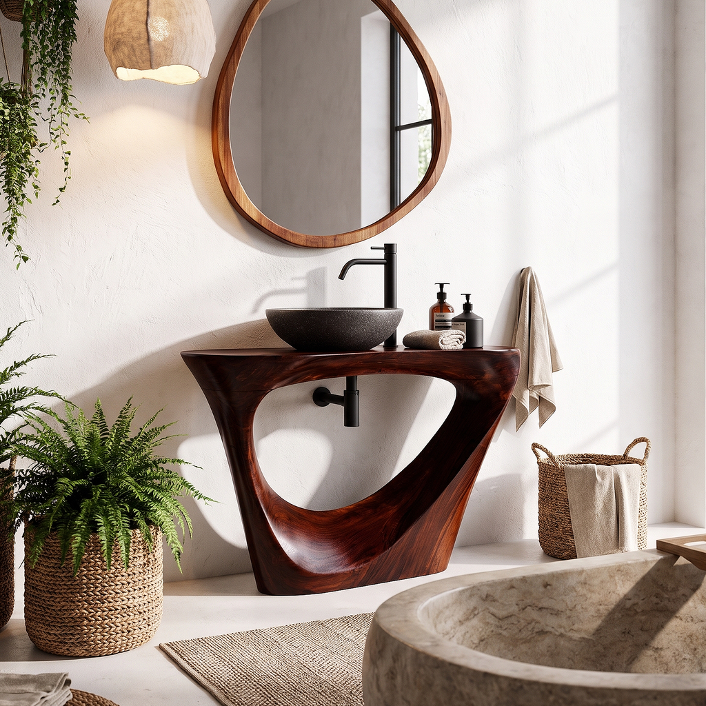 Live Edge Floating Bathroom Vanity With Sculptural Tree Support For Bathroom