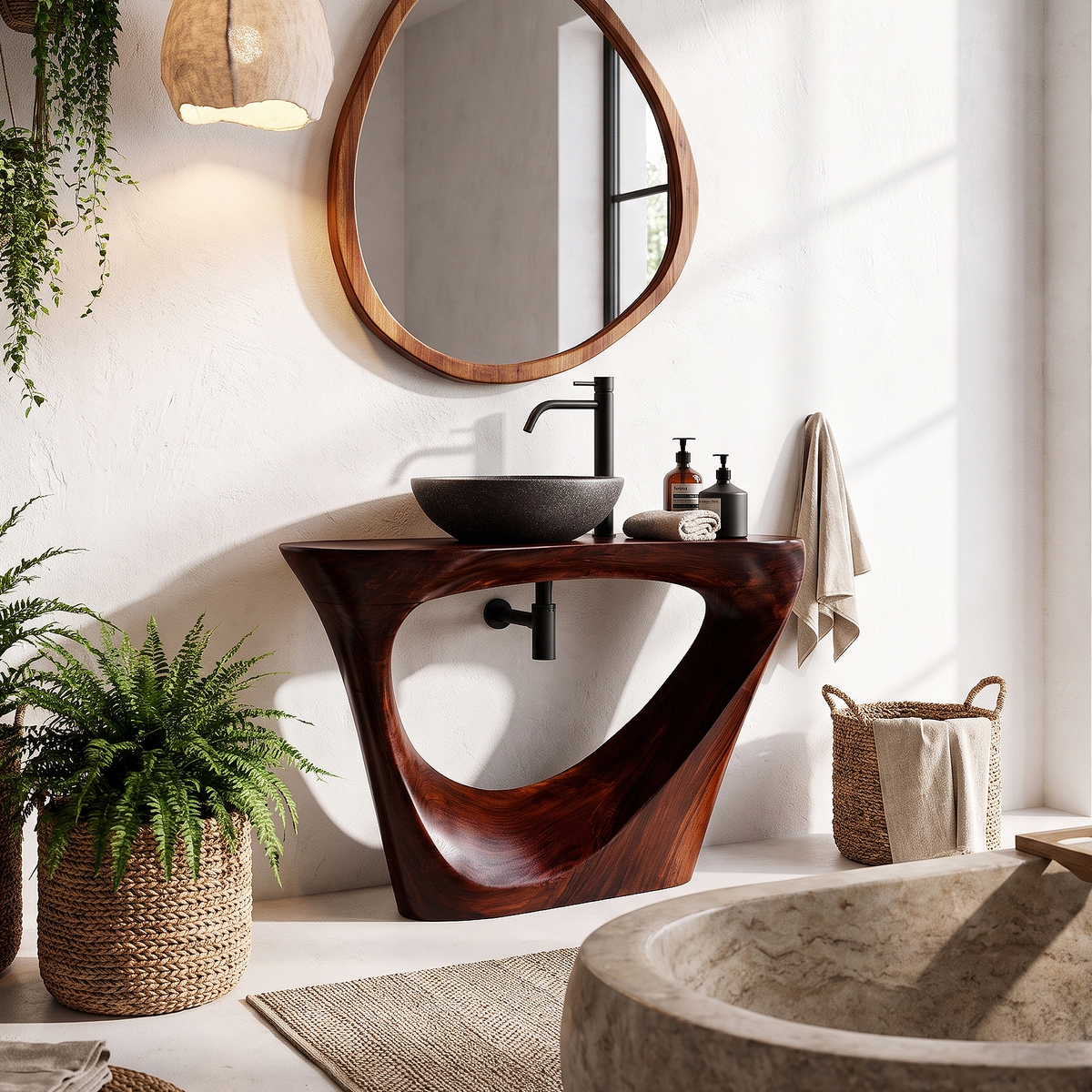 Live Edge Floating Bathroom Vanity With Sculptural Tree Support For Bathroom
