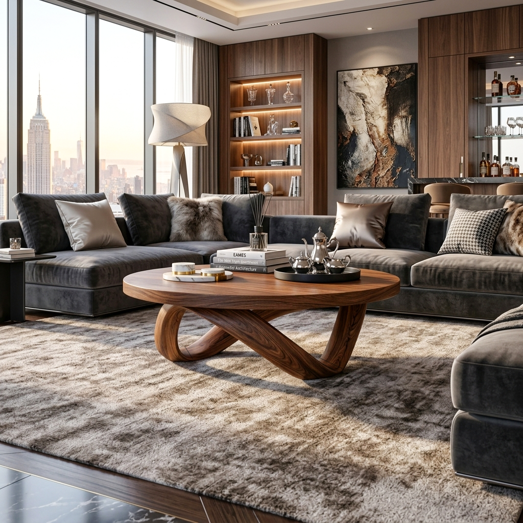 Handcrafted Round Coffee Table With Unique Curved Base For Living