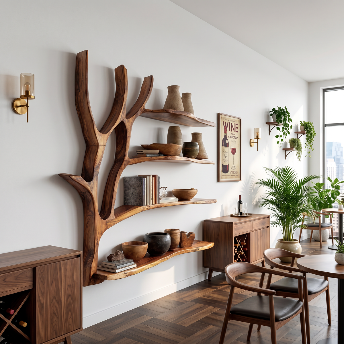 Organic Tree Branch Wall Mounted Shelves For Dining Room