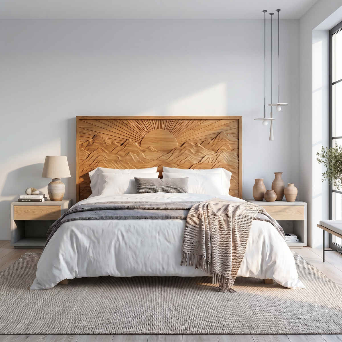 Mid Century Sunrise Headboard Wooden Bed Headboard For Bedroom