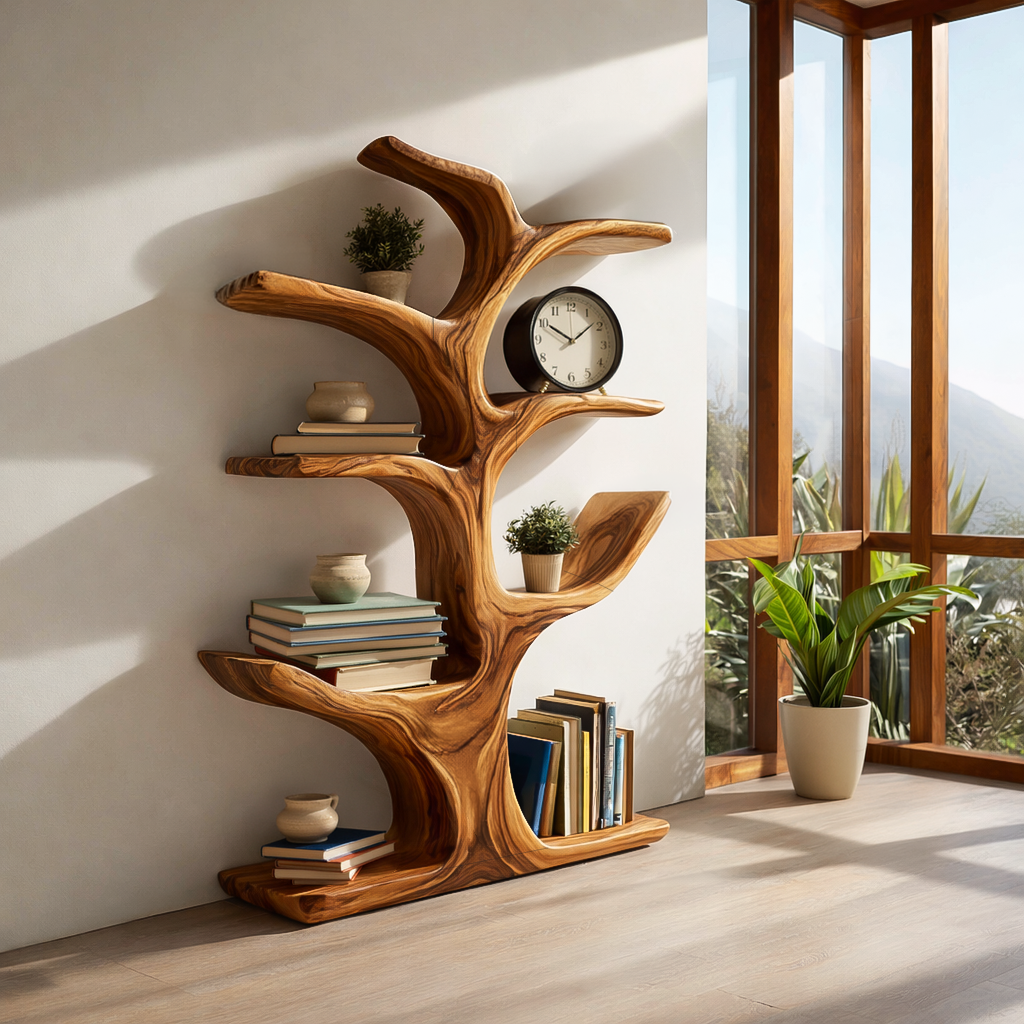 Handmade Wood Bookshelf Sculptural Curved Design For Living Room