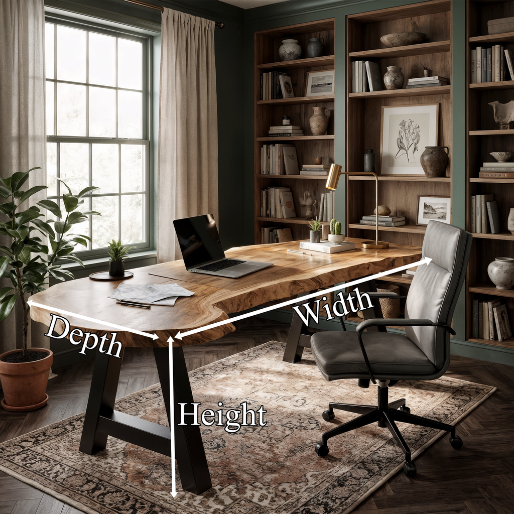 Rustic Writing Desk With Live Edge Wood Top And Metal Legs For Home Office