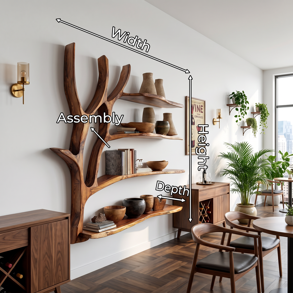 Organic Tree Branch Wall Mounted Shelves For Dining Room