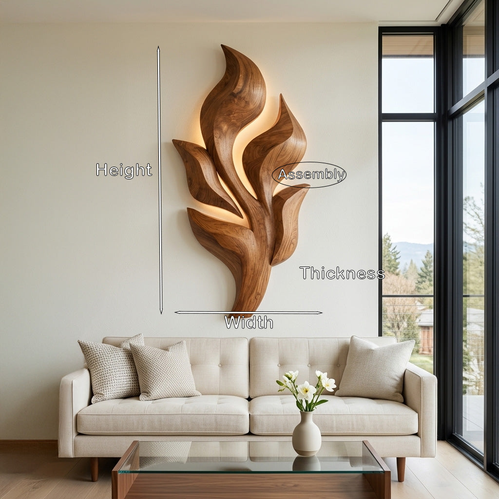 Sculptural Wooden Leaf Wall Lamp With Warm Light For Home