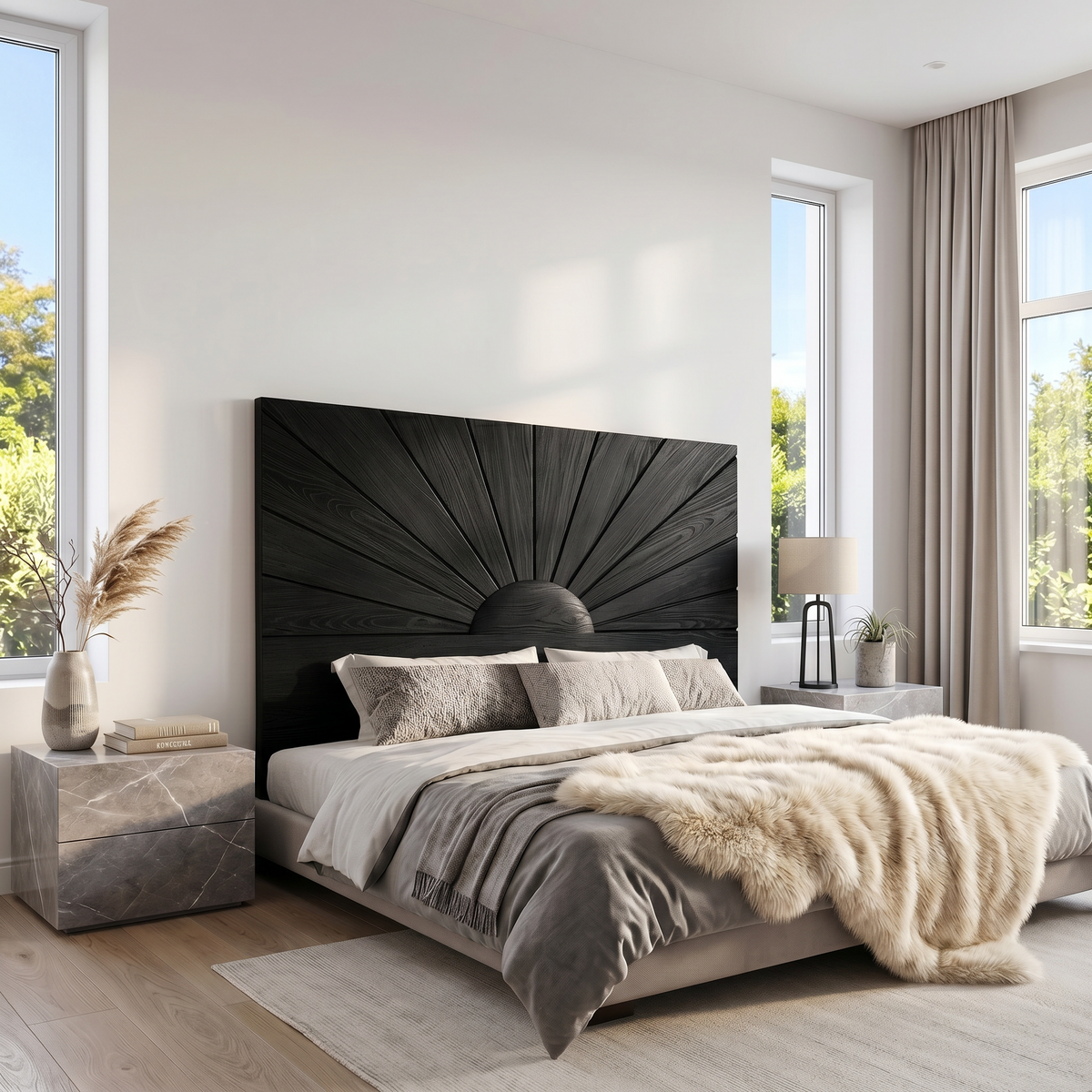 Organic Sunburst Headboard Solid Wood Bed Headboard For Bedroom