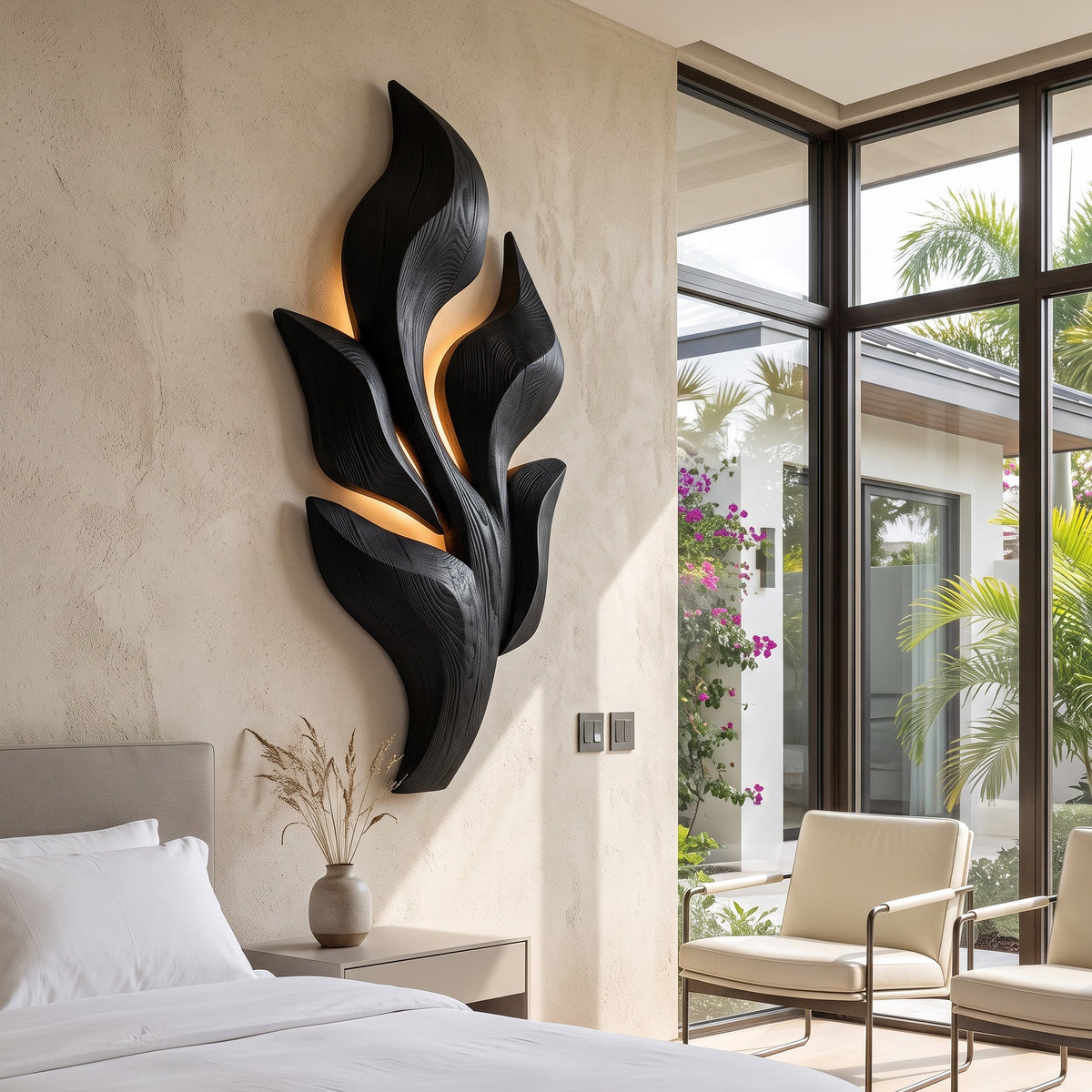Sculptural Wooden Leaf Wall Lamp With Warm Light For Home