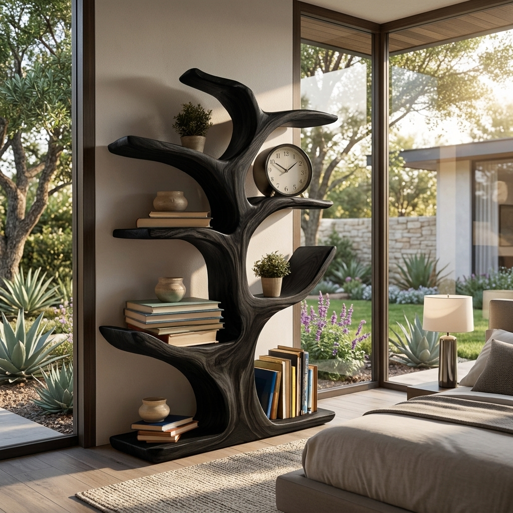 Handmade Wood Bookshelf Sculptural Curved Design For Living Room