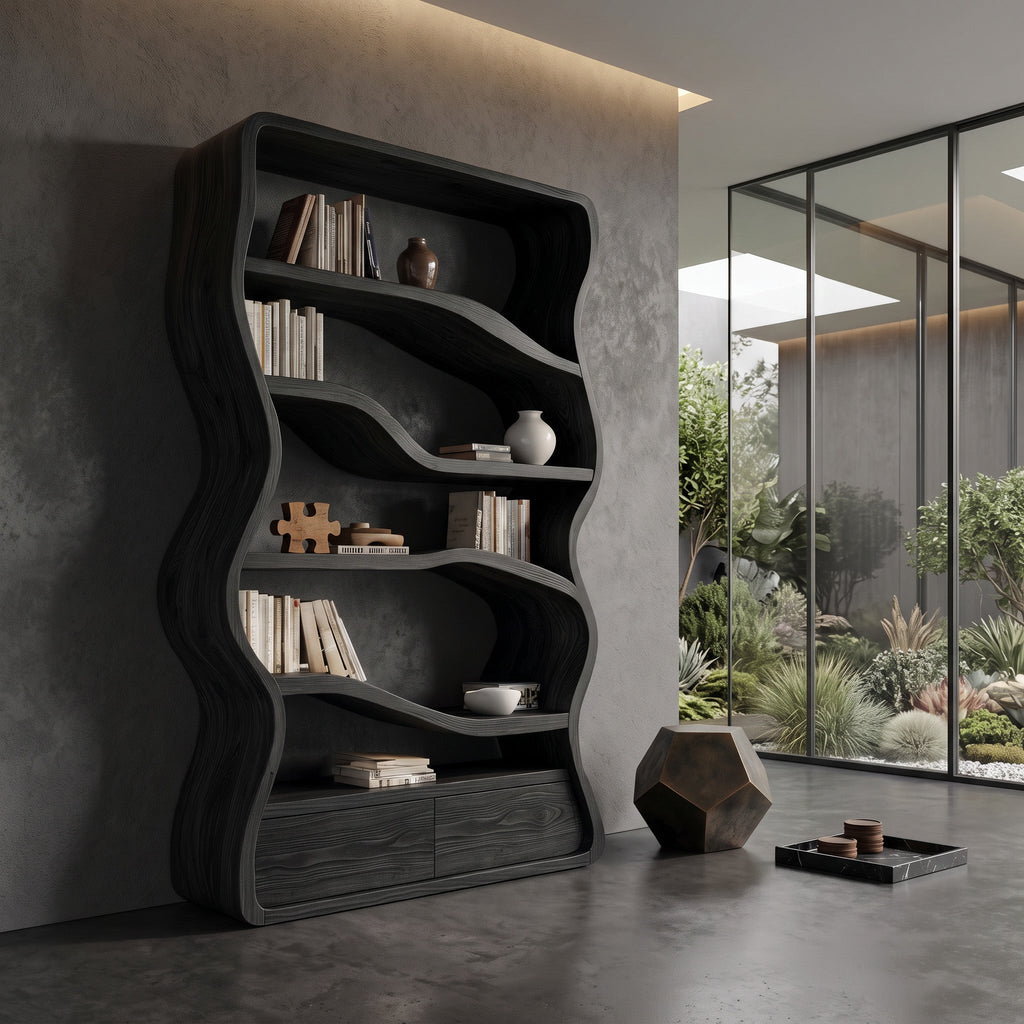 Modern Curved Wooden Bookshelf For Living Room