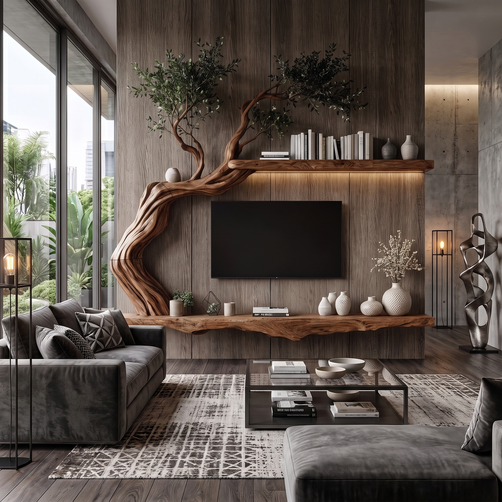 Organic Wall Mounted TV Stand With Sculptural Wood Design For Living Room