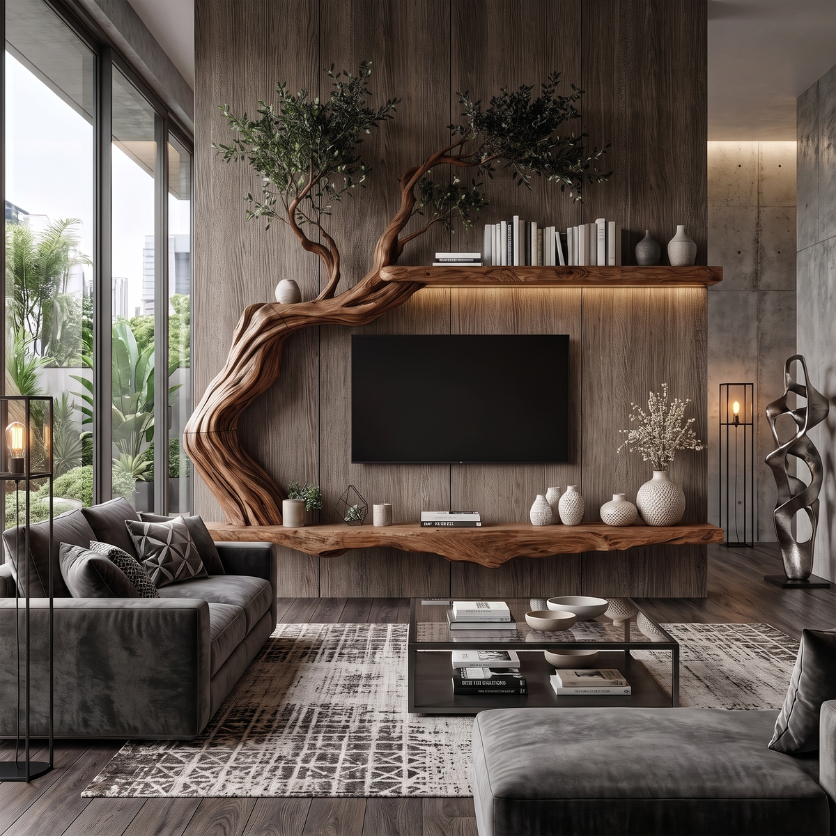 Organic Wall Mounted TV Stand With Sculptural Wood Design For Living Room
