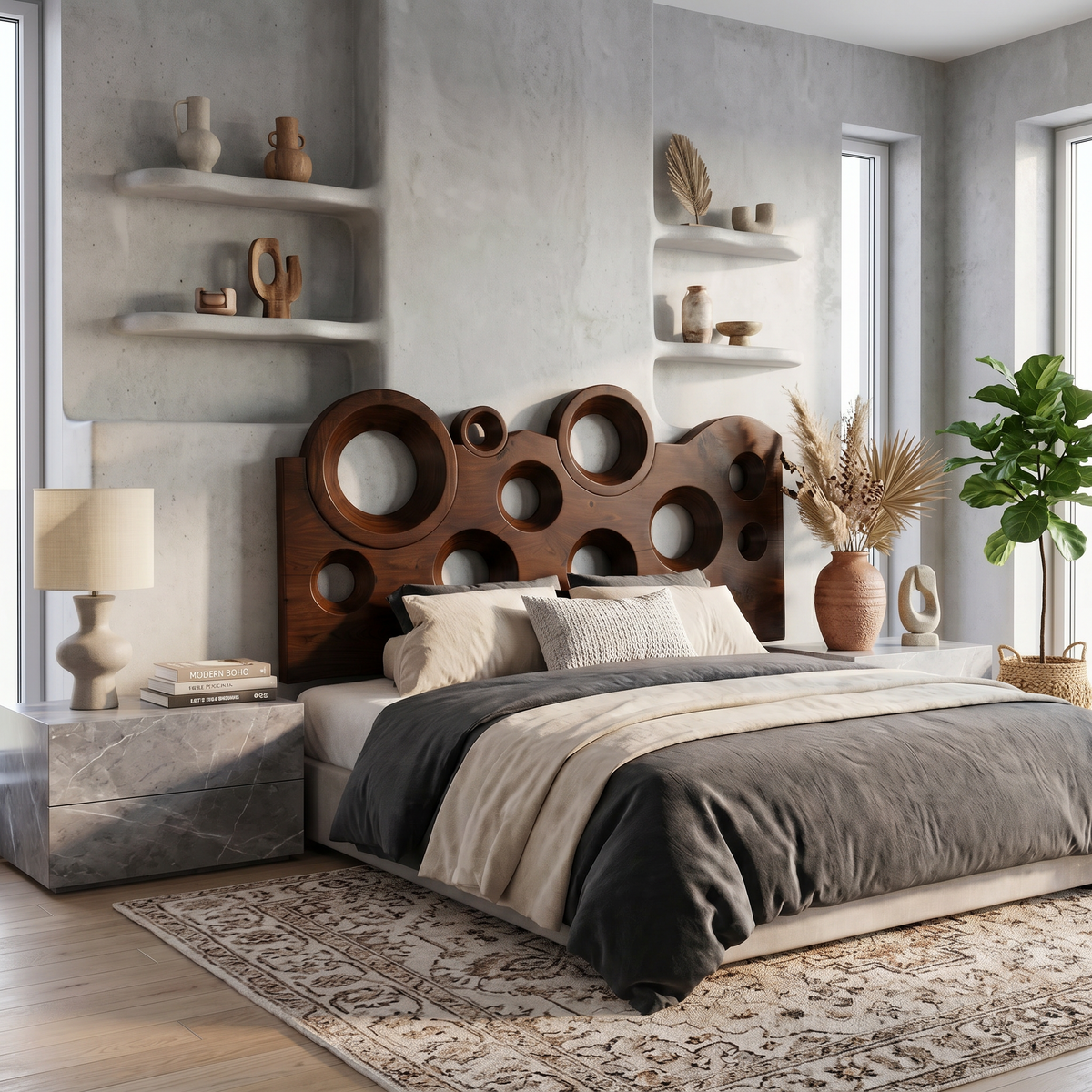 Modern Circular Cutout Headboard Solid Wood Bed Headboard For Bedroom