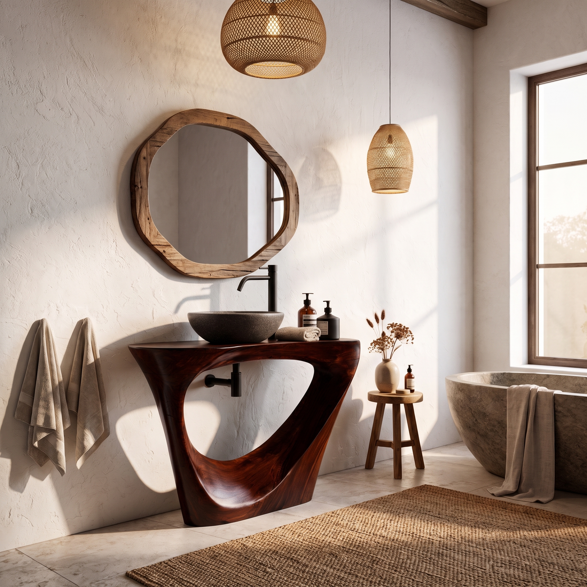 Live Edge Floating Bathroom Vanity With Sculptural Tree Support For Bathroom