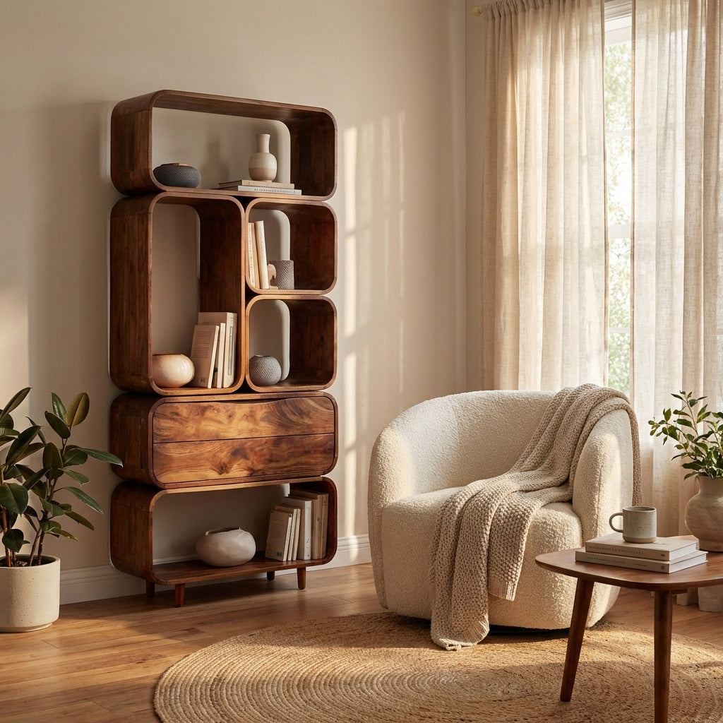Mid Century Solid Wood Bookshelf With Drawer Storage