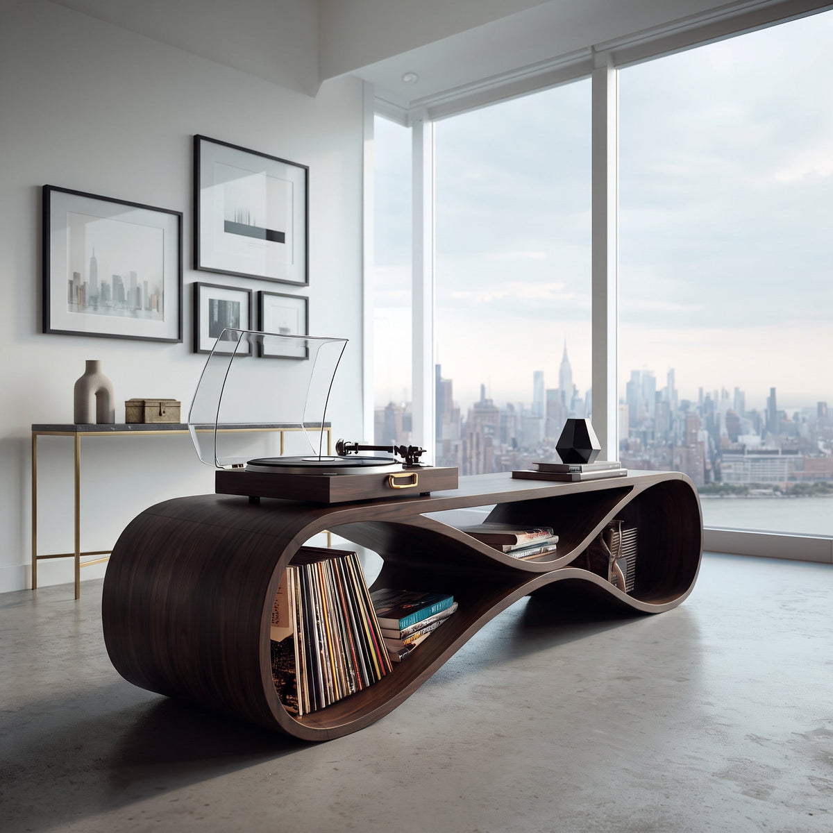 Contemporary Wooden Record Cabinet Curved Design For Living Room