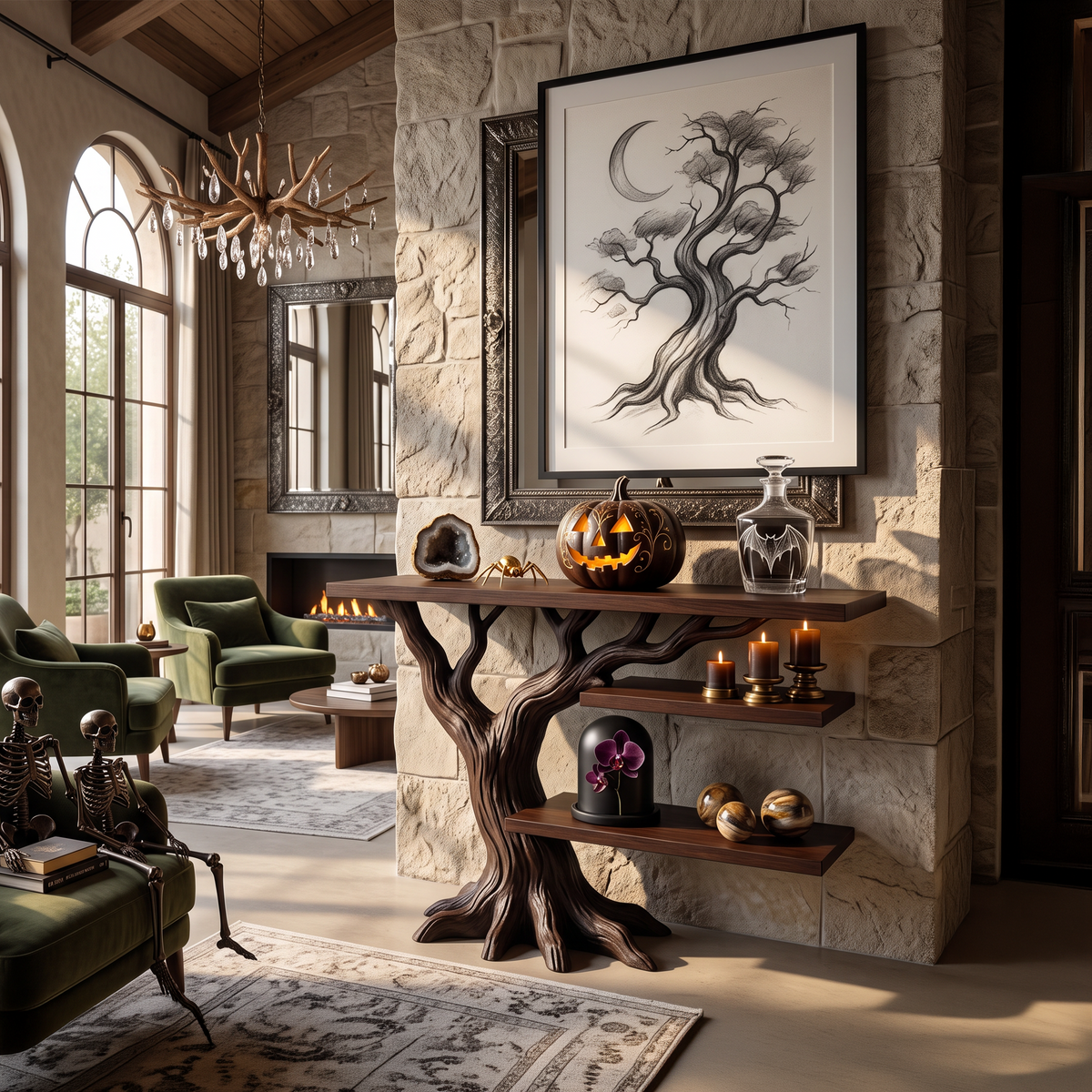 Mid Century Branchwork Sofa Table For Witchy Halloween Interior