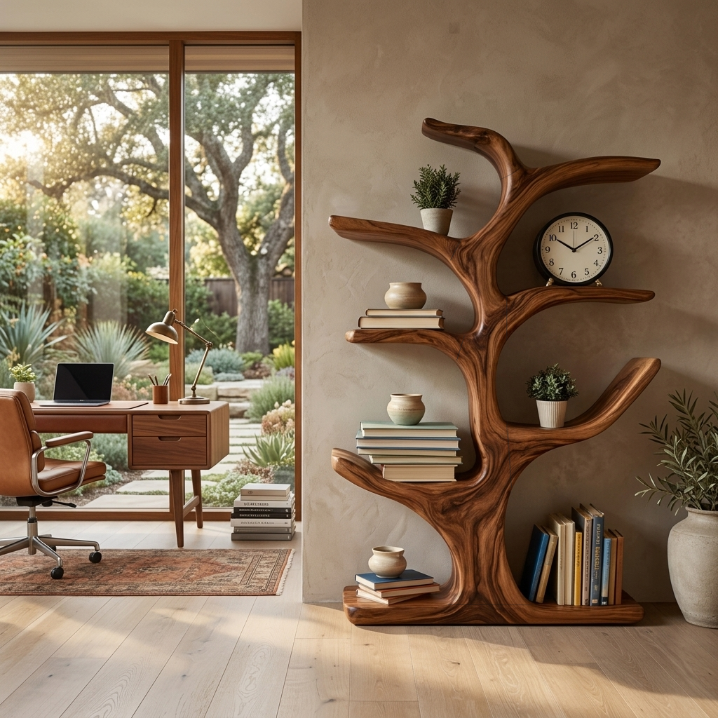 Handmade Wood Bookshelf Sculptural Curved Design For Living Room