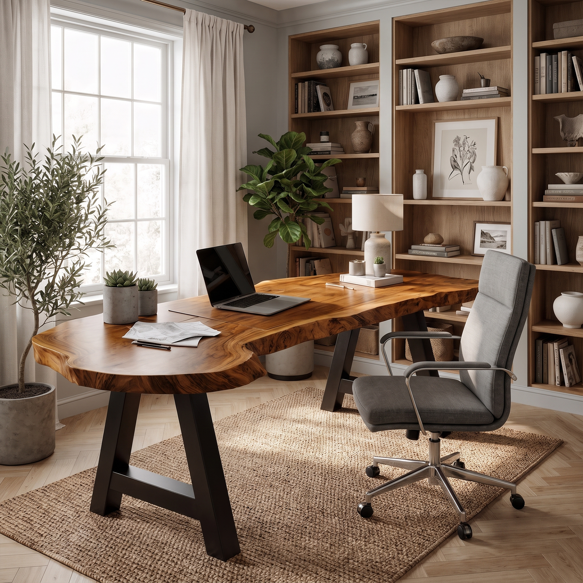 Rustic Writing Desk With Live Edge Wood Top And Metal Legs For Home Office