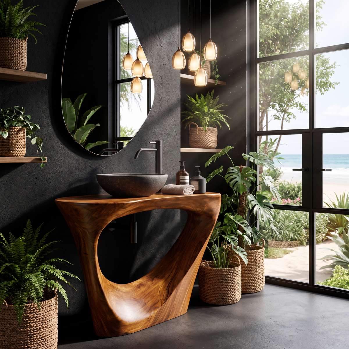 Live Edge Floating Bathroom Vanity With Sculptural Tree Support For Bathroom