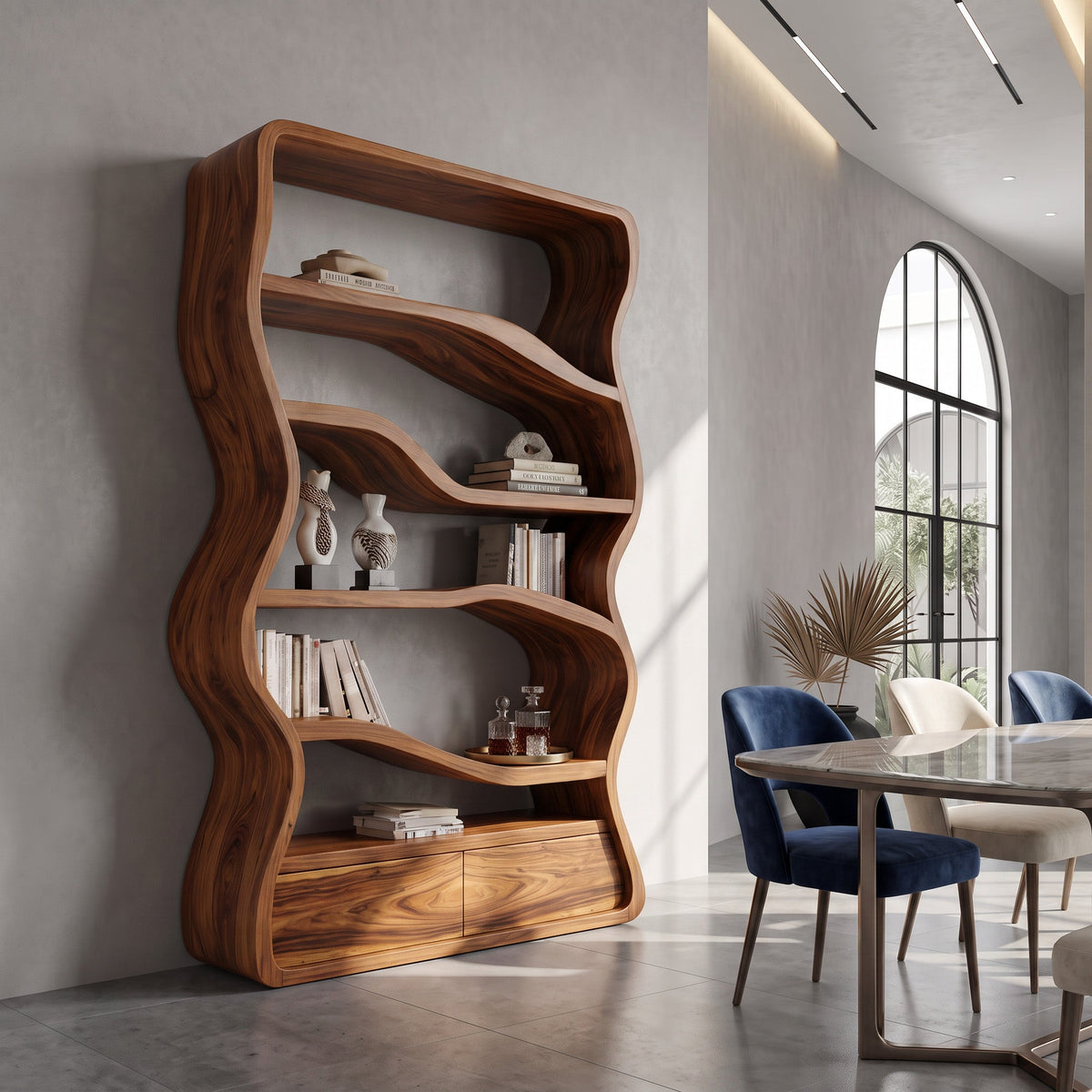 Modern Curved Wooden Bookshelf For Living Room