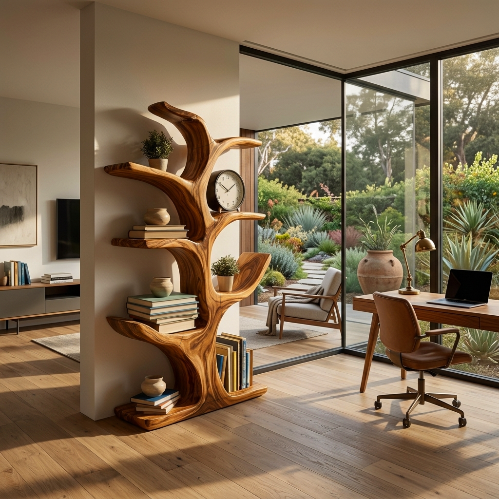 Handmade Wood Bookshelf Sculptural Curved Design For Living Room