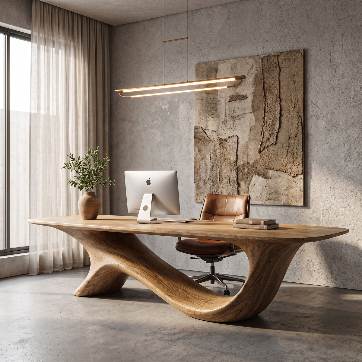 Modern Sculptural Base Desk Solid Wood Desk For Workspace