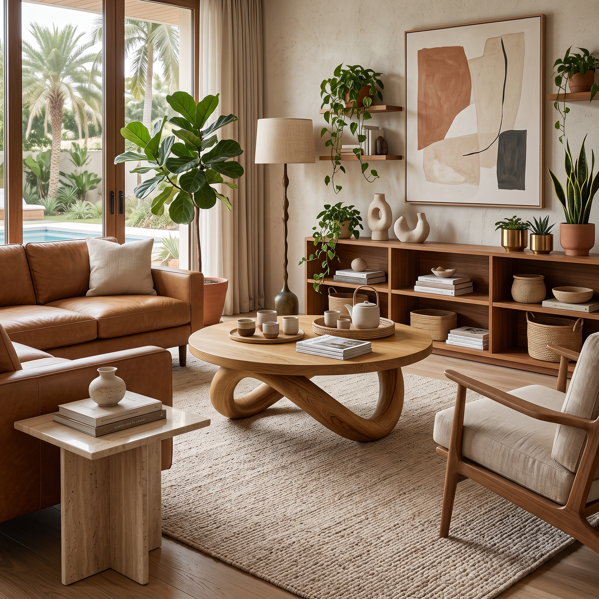 Handcrafted Round Coffee Table With Unique Curved Base For Living