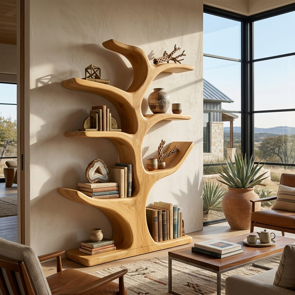 Handmade Wood Bookshelf Sculptural Curved Design For Living Room