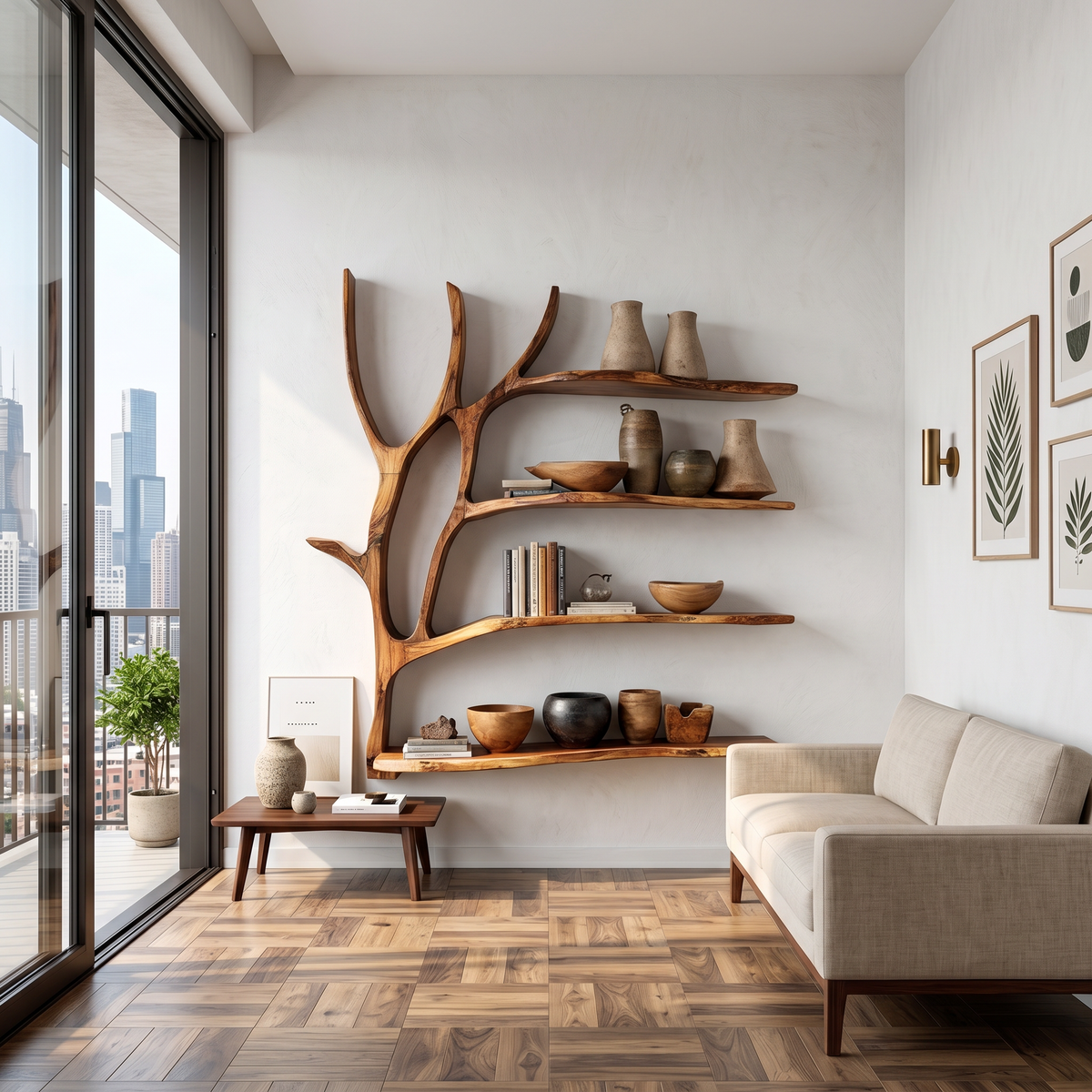 Organic Tree Branch Wall Mounted Shelves For Dining Room
