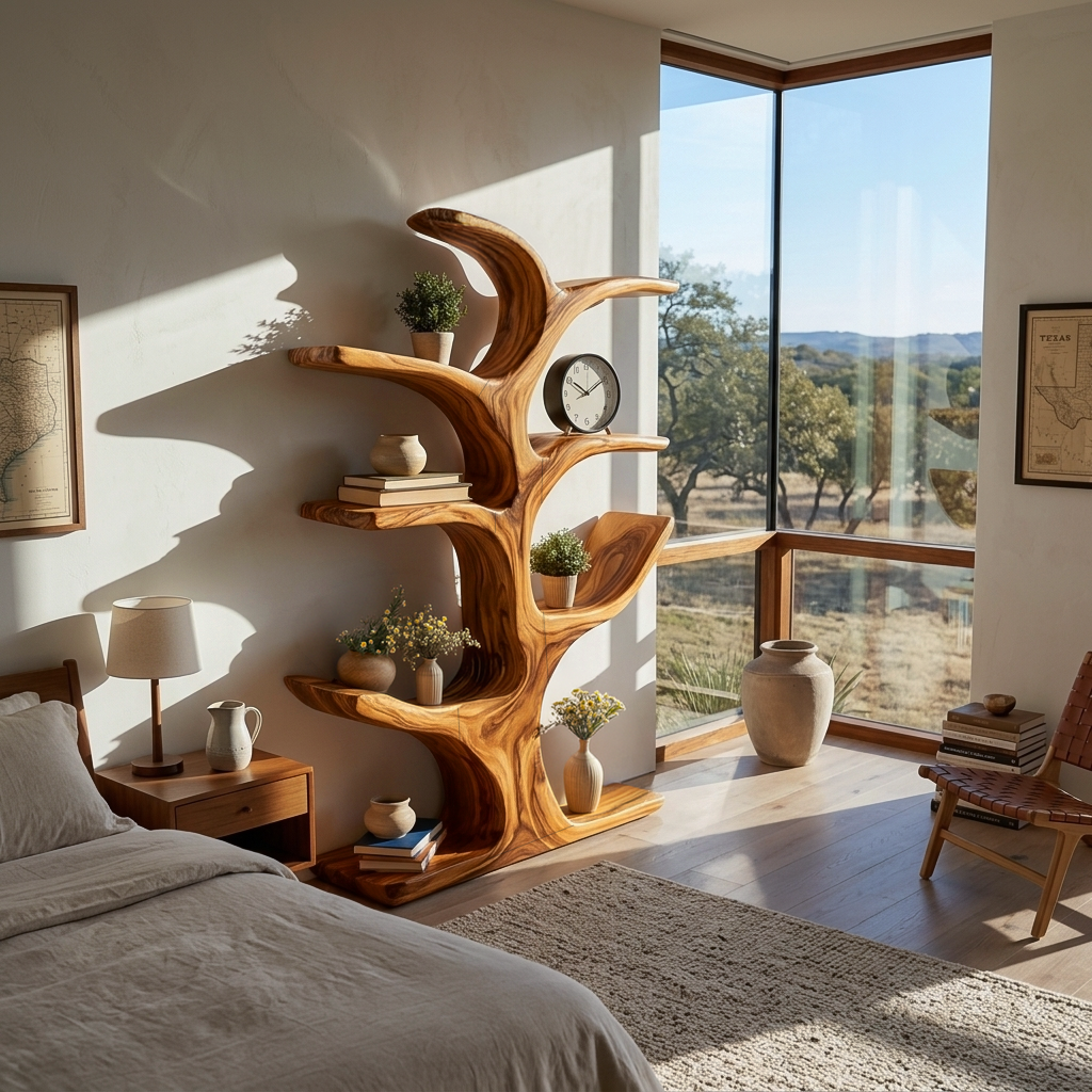 Handmade Wood Bookshelf Sculptural Curved Design For Living Room