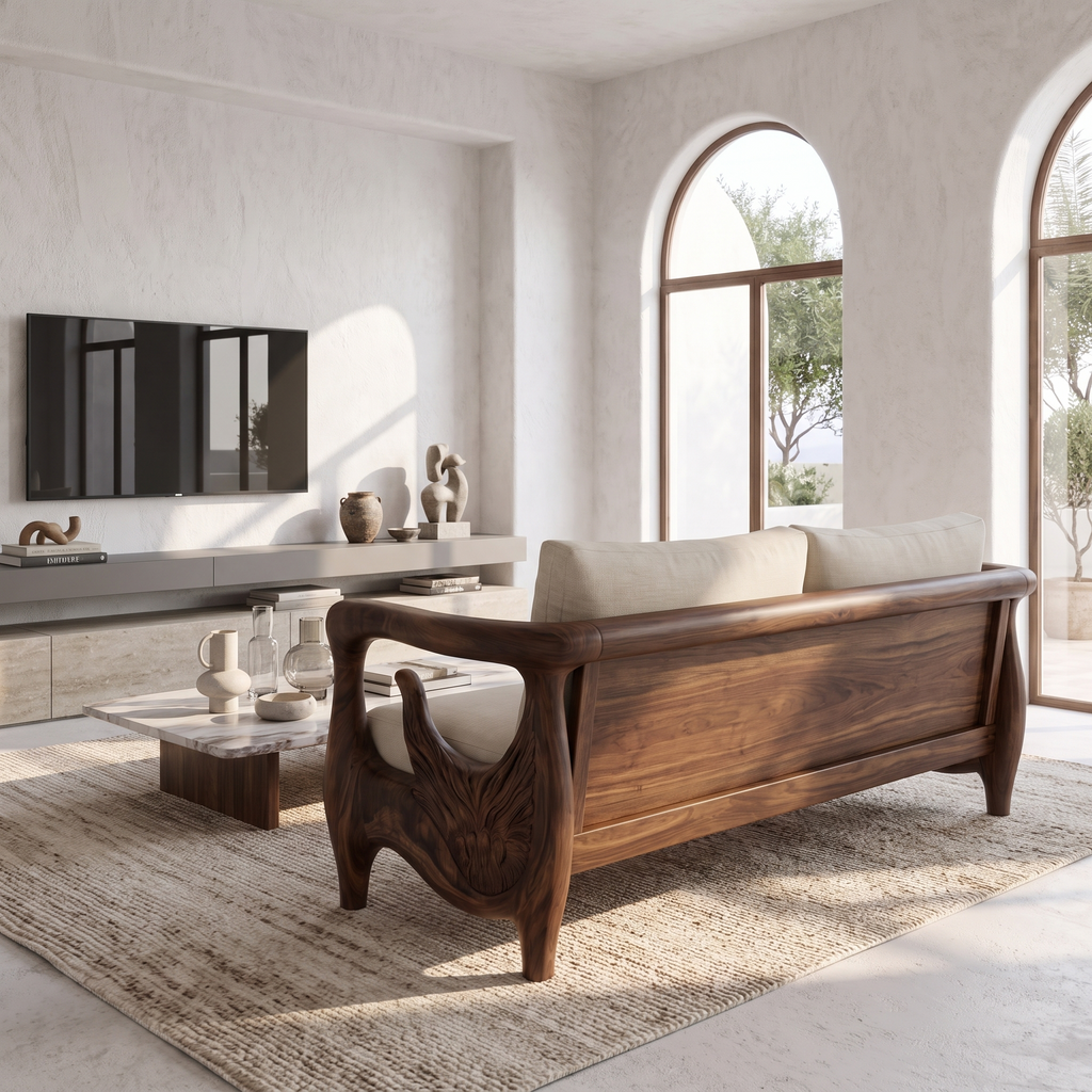Nature Inspired Sofa Frame With Handcrafted Wheel Armrests For Living Room