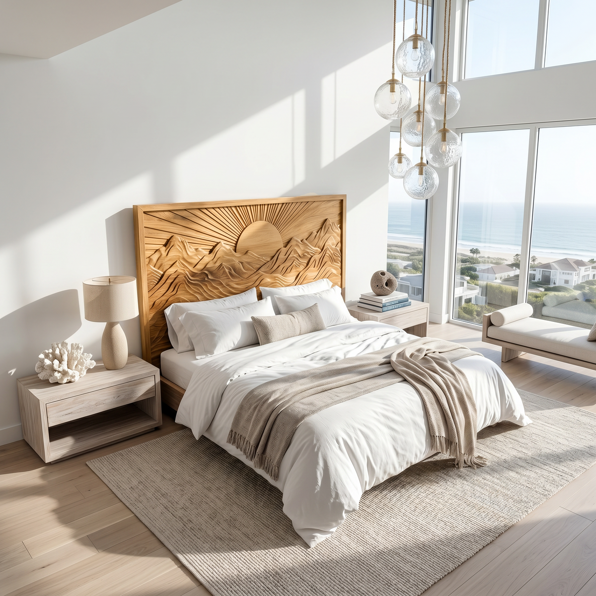 Mid Century Sunrise Headboard Wooden Bed Headboard For Bedroom