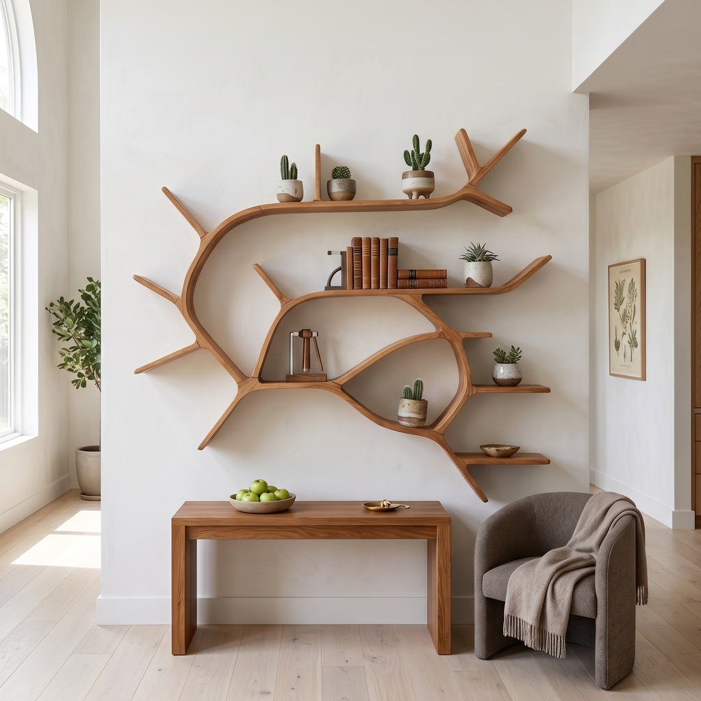 Boho Tree Branch Wall Mounted Bookshelf For Entryway