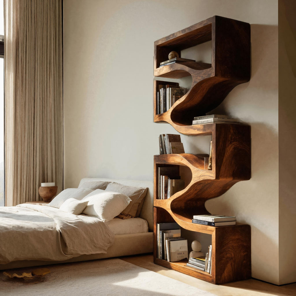 Sculptural Wooden Wall Bookcase For Modern BedRoom