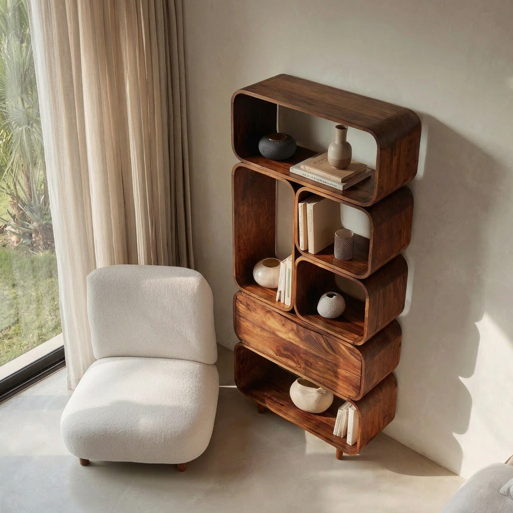 Mid Century Solid Wood Bookshelf With Drawer Storage