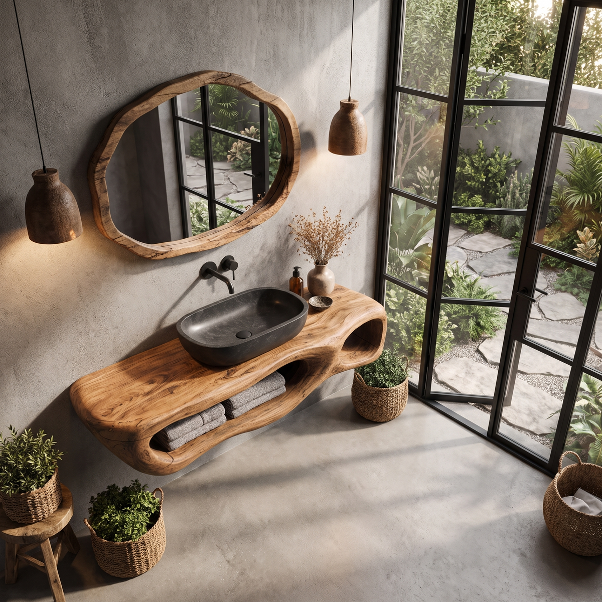 Modern Wall Mounted Bathroom Vanity With Organic Wood Base For Bathroom