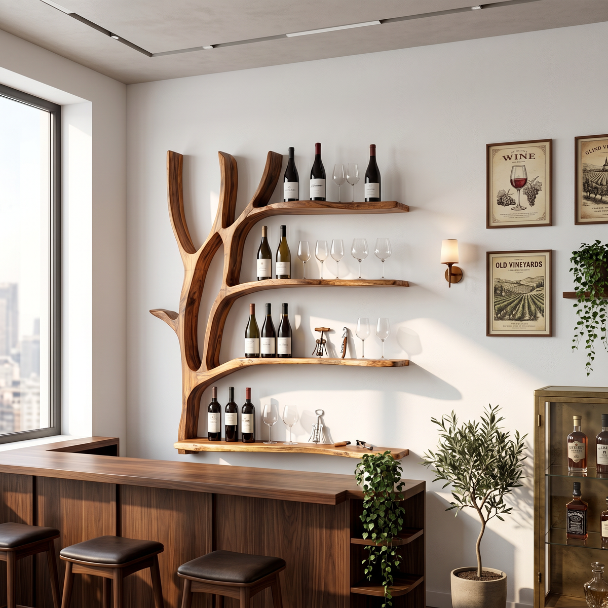 Organic Tree Branch Wall Mounted Shelves For Dining Room