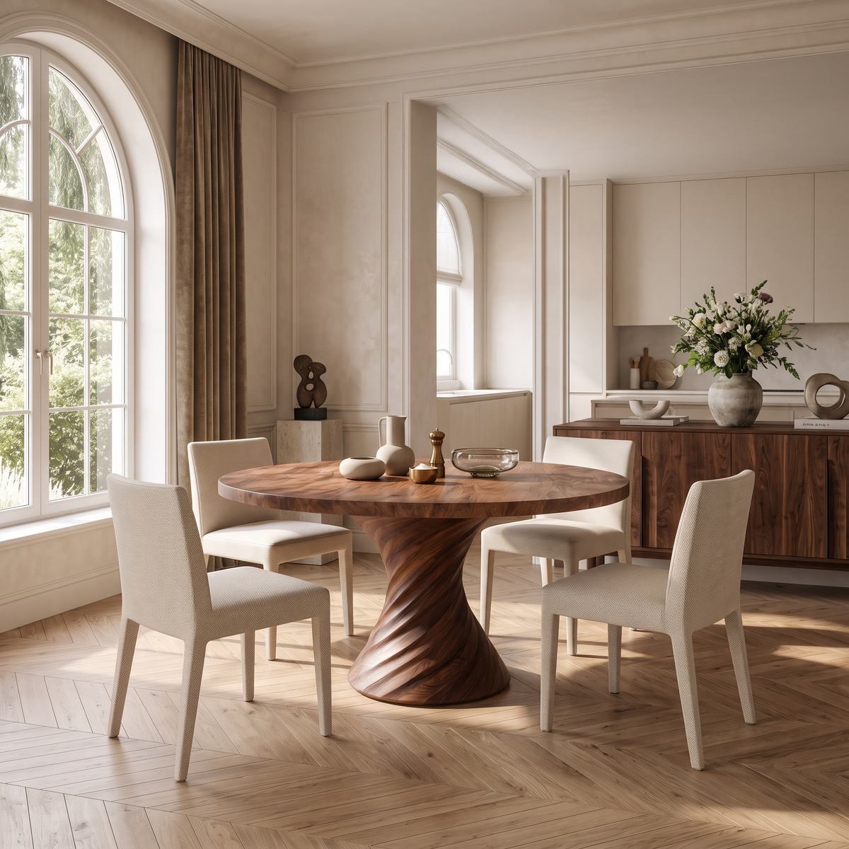 Modern Round Dining Table With Statement Spiral Pedestal For Home