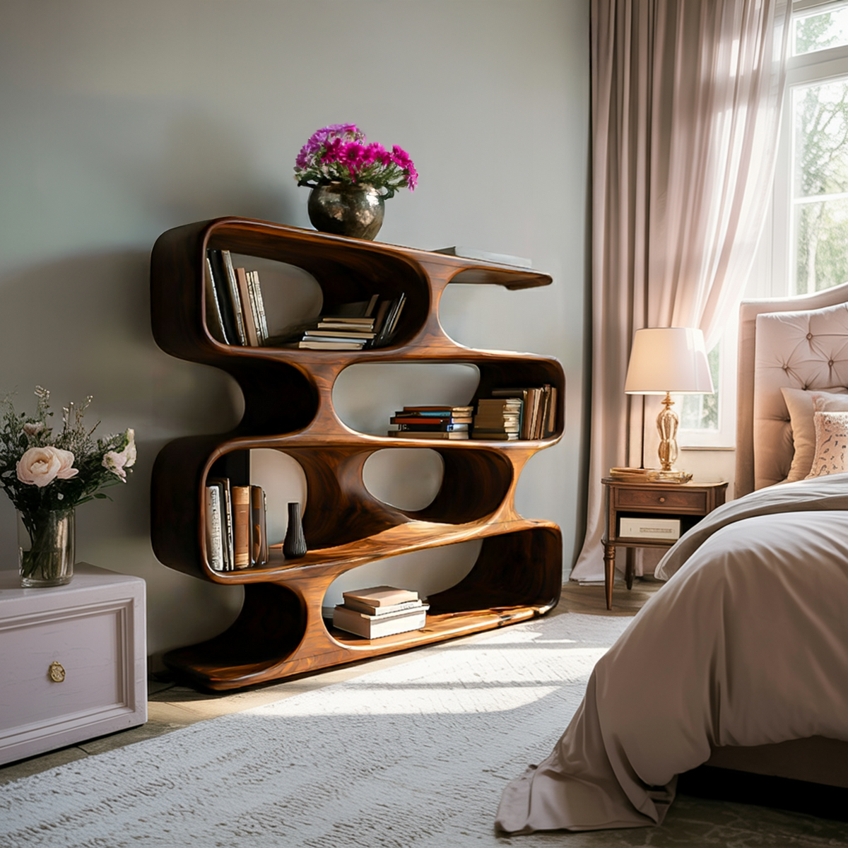 Statement Curved Bookcase For Modern Living Room Decor