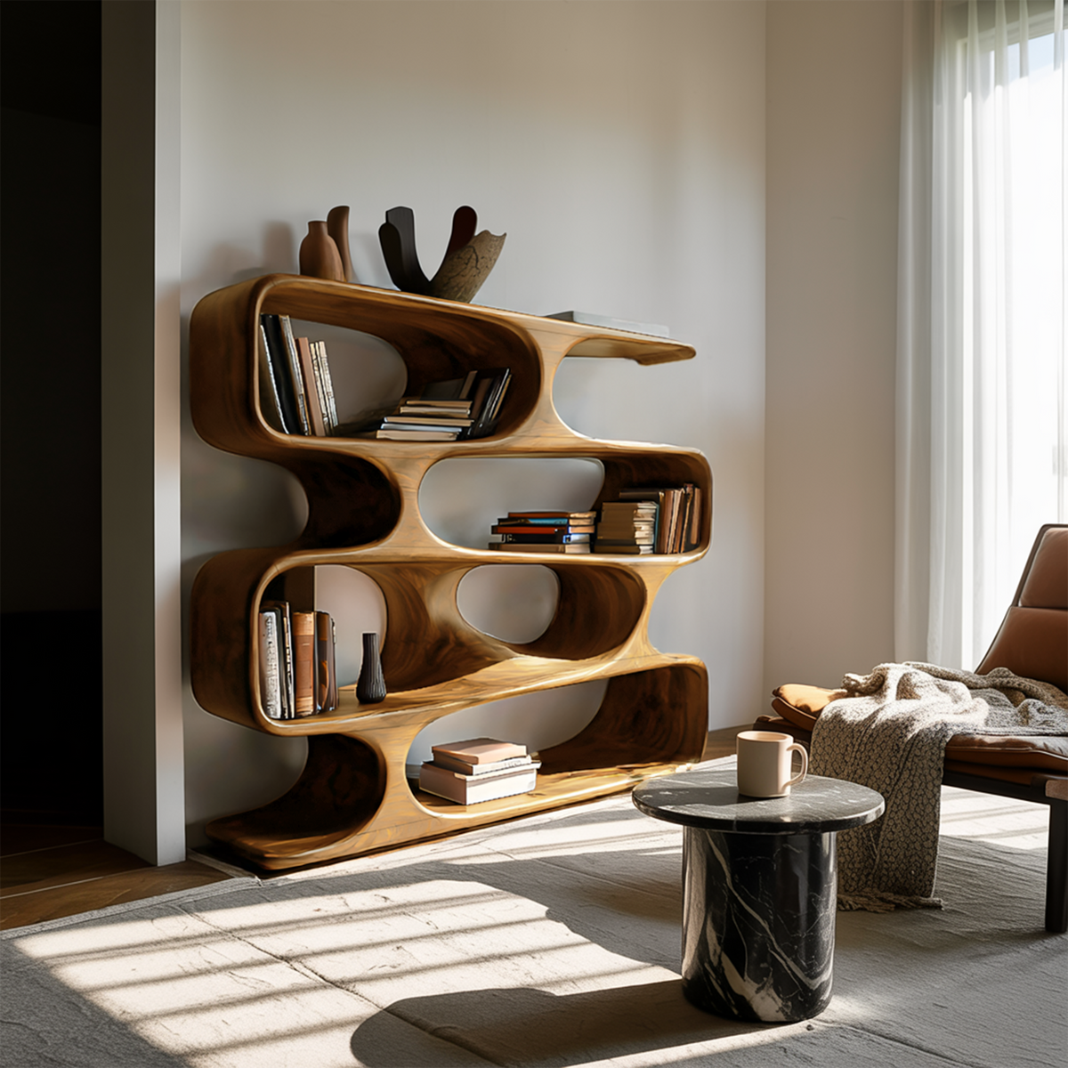 Statement Curved Bookcase For Modern Living Room Decor