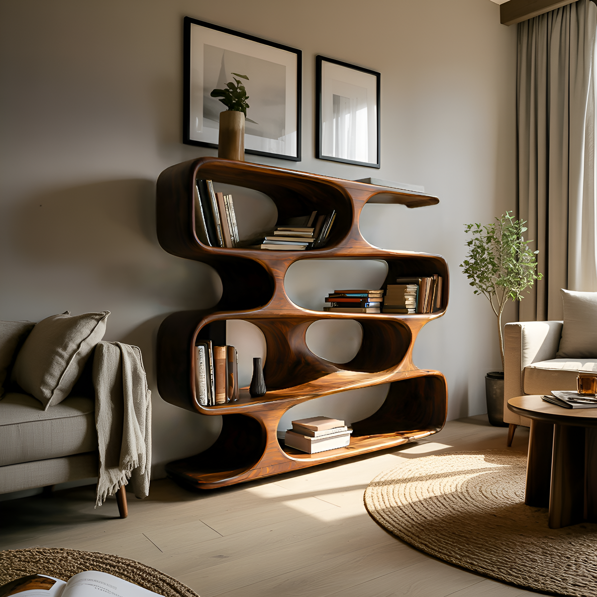 Statement Curved Bookcase For Modern Living Room Decor