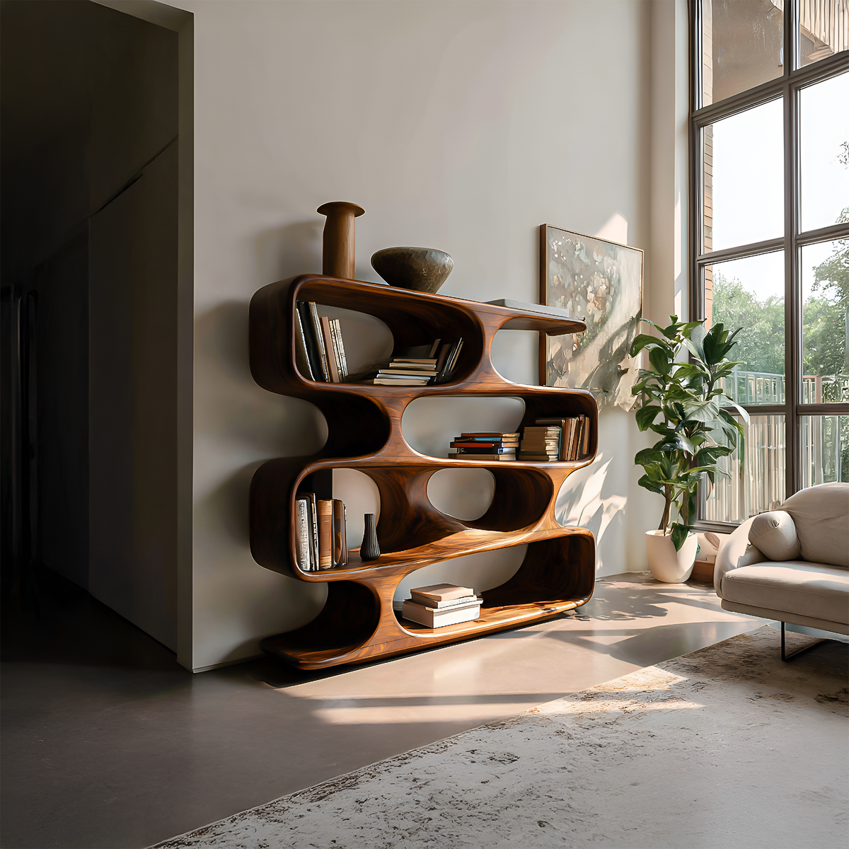 Statement Curved Bookcase For Modern Living Room Decor
