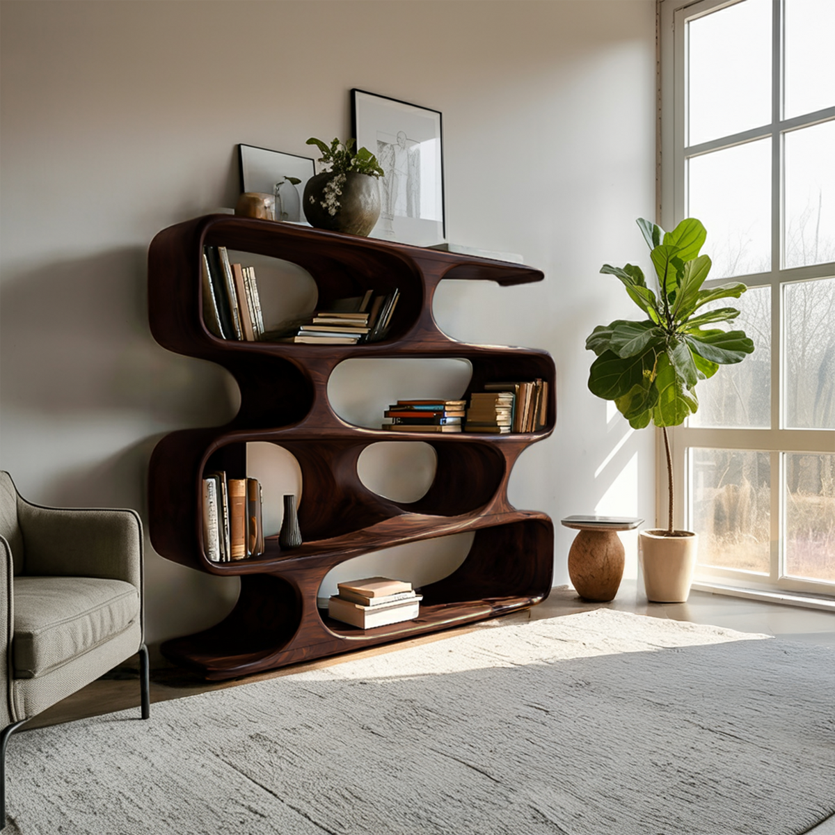 Statement Curved Bookcase For Modern Living Room Decor