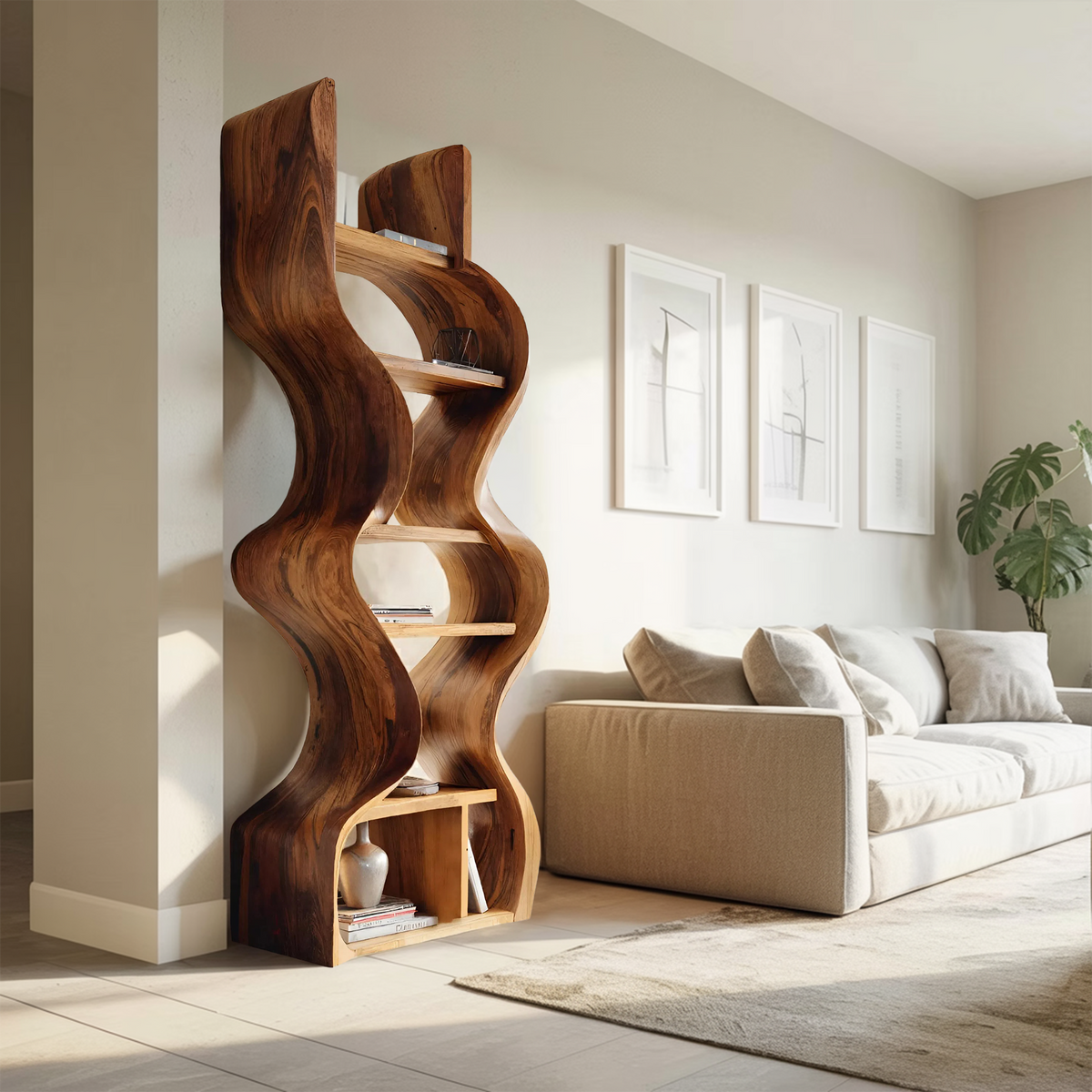 Organic Solid Wood Wall Bookcase For Modern Entryway