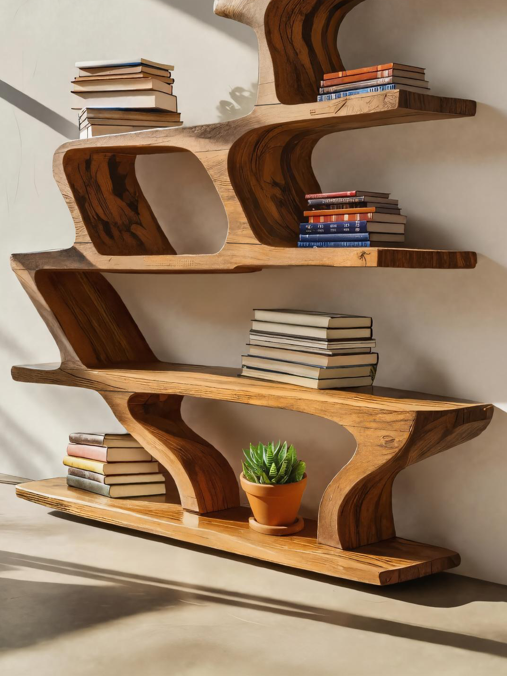 Modern Sculptural Bookshelf With Fluid Shelving For Living Room