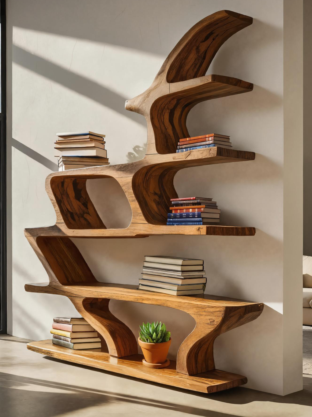 Modern Sculptural Bookshelf With Fluid Shelving For Living Room