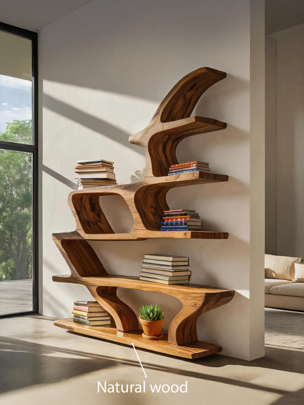 Modern Sculptural Bookshelf With Fluid Shelving For Living Room