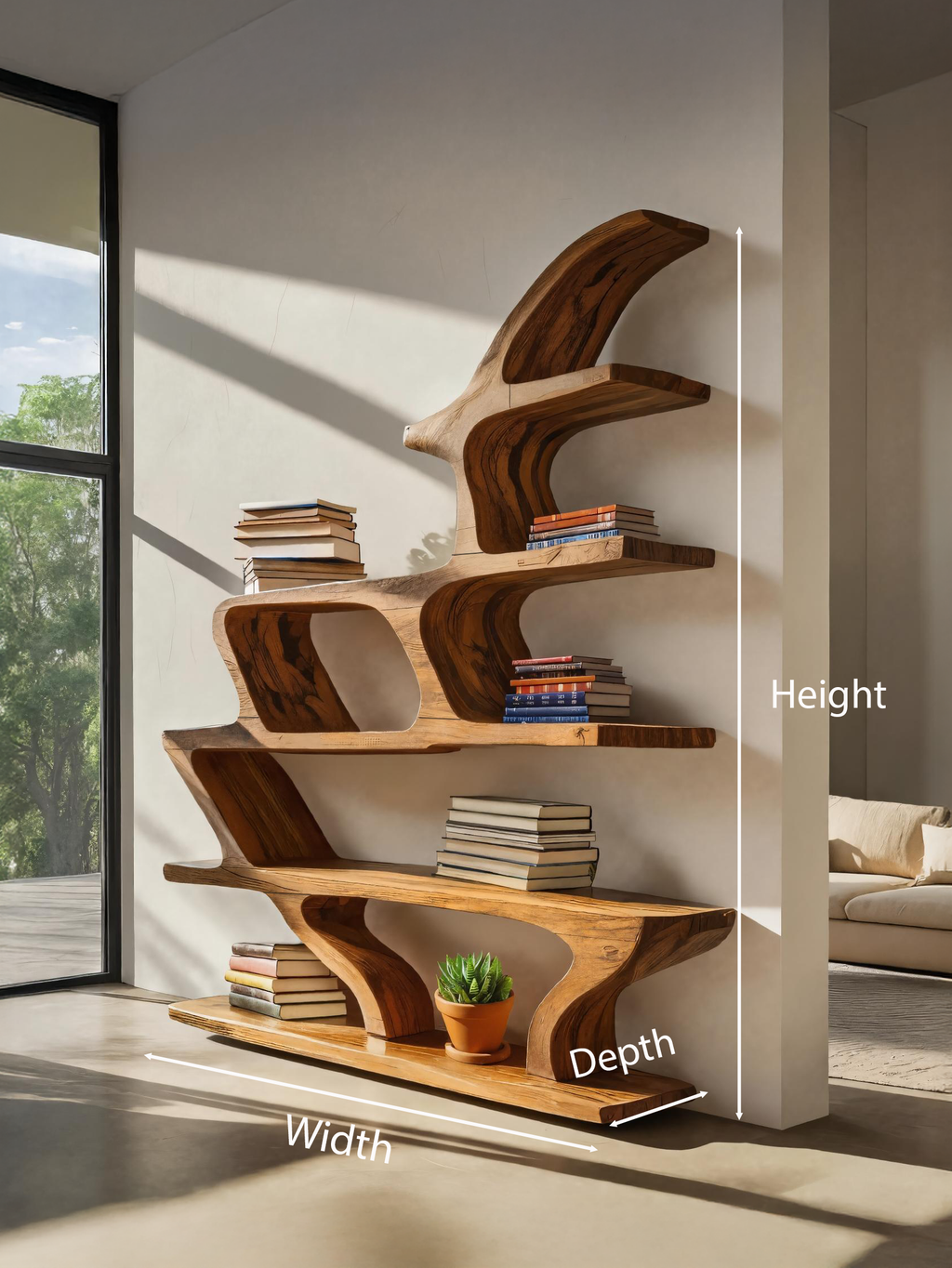 Modern Sculptural Bookshelf With Fluid Shelving For Living Room