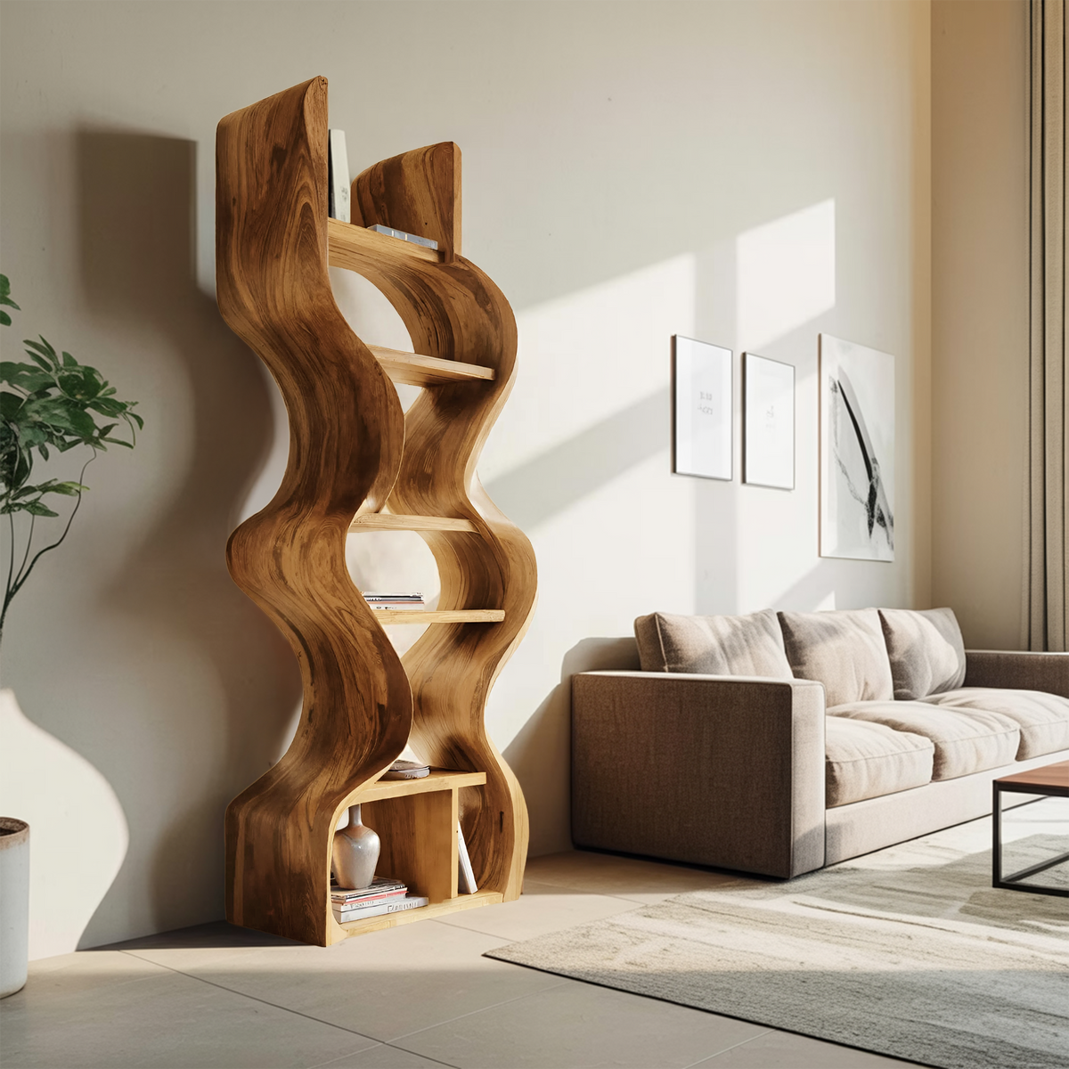Organic Solid Wood Wall Bookcase For Modern Entryway